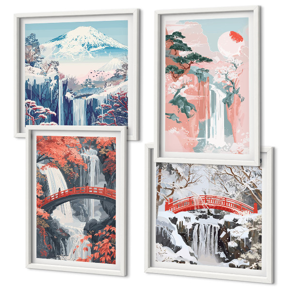 Ensemble de 4 tableaux Chutes d'eau, ponts, arbres, saisons