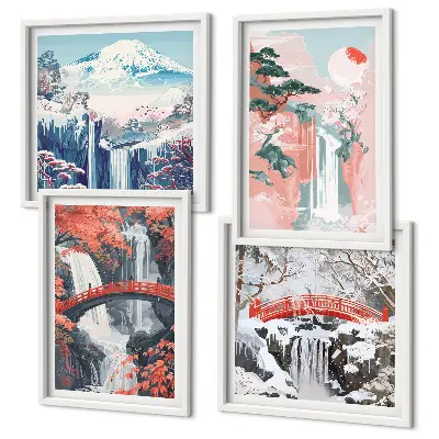 Ensemble de 4 tableaux représentant des chutes d'eau, des ponts, des arbres et les saisons