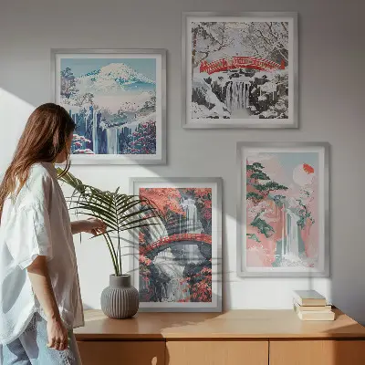 Ensemble de 4 tableaux représentant des chutes d'eau, des ponts, des arbres et les saisons