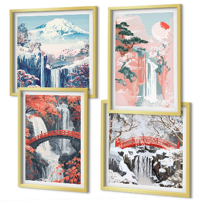 Ensemble de 4 tableaux Chutes d'eau, ponts, arbres, saisons