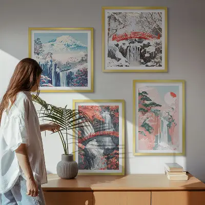 Ensemble de 4 tableaux représentant des chutes d'eau, des ponts, des arbres et les saisons