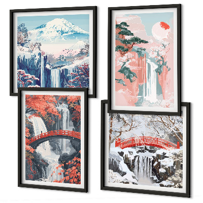 Ensemble de 4 tableaux Chutes d'eau, ponts, arbres, saisons