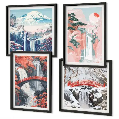 Ensemble de 4 tableaux représentant des chutes d'eau, des ponts, des arbres et les saisons