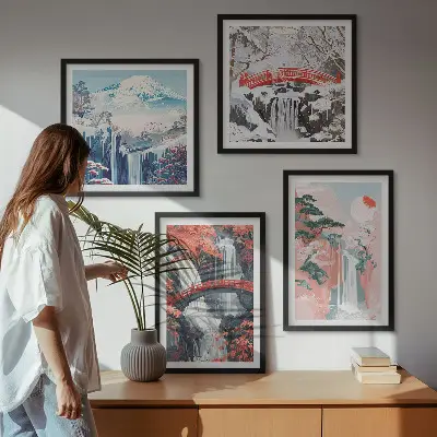 Ensemble de 4 tableaux représentant des chutes d'eau, des ponts, des arbres et les saisons