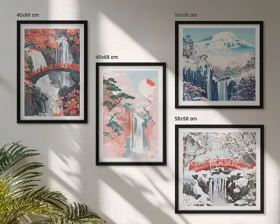 Ensemble de 4 tableaux représentant des chutes d'eau, des ponts, des arbres et les saisons