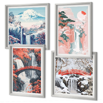 Ensemble de 4 tableaux Chutes d'eau, ponts, arbres, saisons