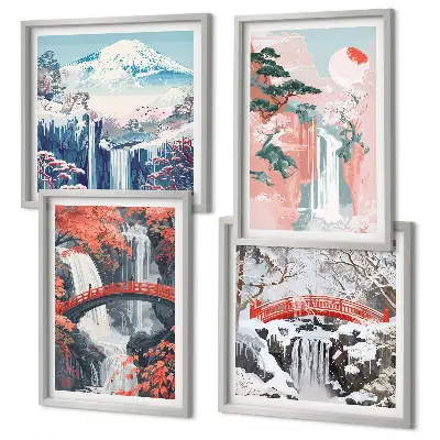 Ensemble de 4 tableaux représentant des chutes d'eau, des ponts, des arbres et les saisons