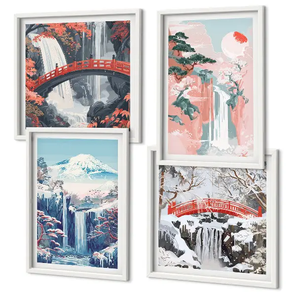 Ensemble de 4 tableaux représentant des montagnes et des cascades avec un pont et des arbres