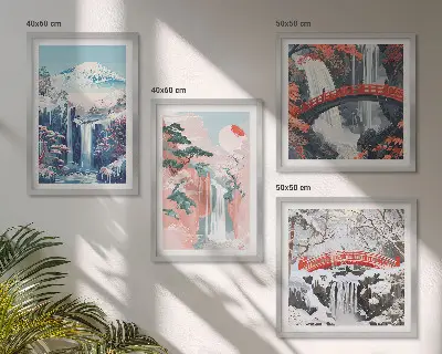 Ensemble de 4 tableaux représentant des montagnes et des cascades avec un pont et des arbres