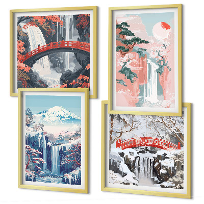 Ensemble de 4 tableaux Cascades montagnes pont arbres