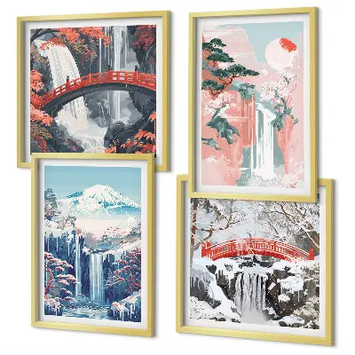 Ensemble de 4 tableaux représentant des montagnes et des cascades avec un pont et des arbres