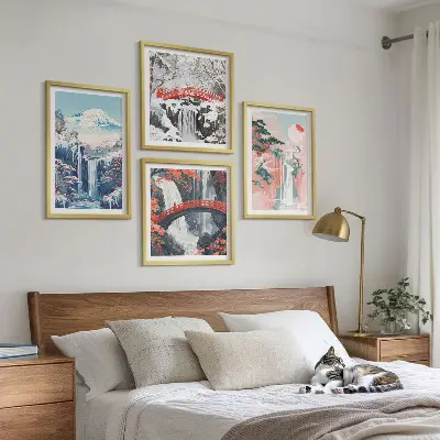 Ensemble de 4 tableaux représentant des montagnes et des cascades avec un pont et des arbres