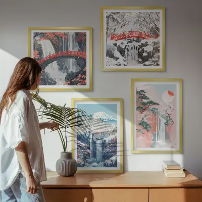 Ensemble de 4 tableaux représentant des montagnes et des cascades avec un pont et des arbres