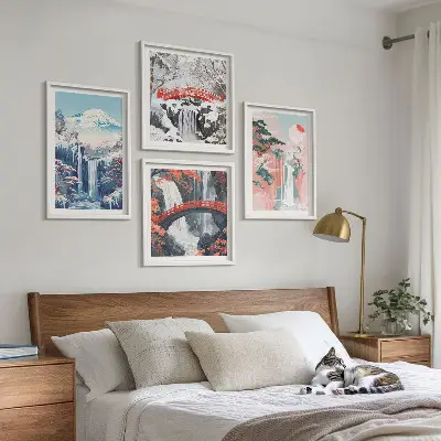 Ensemble de 4 tableaux représentant des montagnes et des cascades avec un pont et des arbres