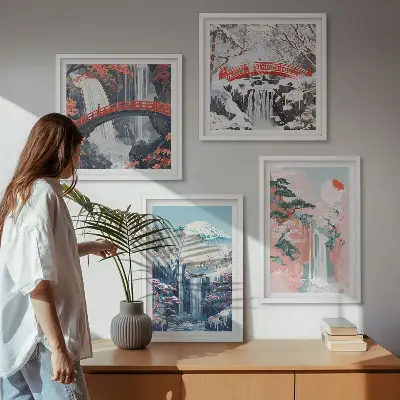 Ensemble de 4 tableaux représentant des montagnes et des cascades avec un pont et des arbres