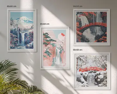 Ensemble de 4 tableaux représentant des montagnes et des cascades avec un pont et des arbres