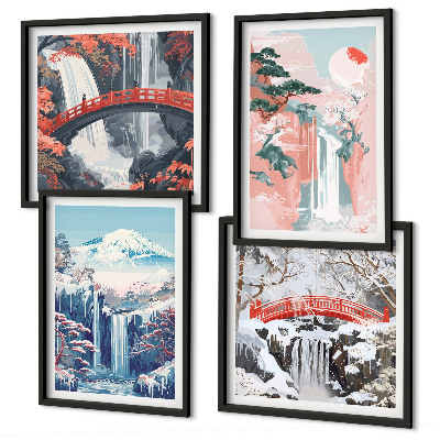 Ensemble de 4 tableaux Cascades montagnes pont arbres
