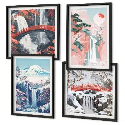 Ensemble de 4 tableaux représentant des montagnes et des cascades avec un pont et des arbres