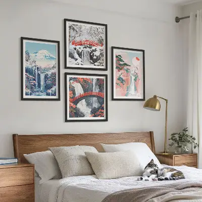 Ensemble de 4 tableaux représentant des montagnes et des cascades avec un pont et des arbres