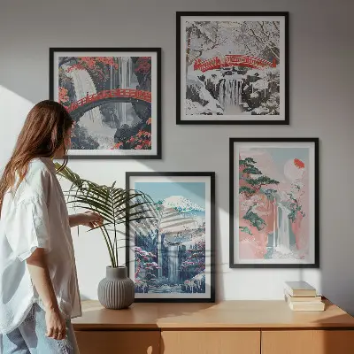 Ensemble de 4 tableaux représentant des montagnes et des cascades avec un pont et des arbres