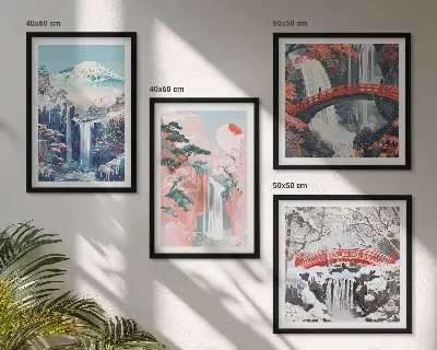 Ensemble de 4 tableaux représentant des montagnes et des cascades avec un pont et des arbres