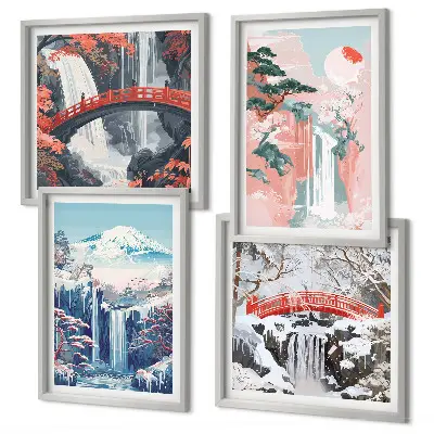 Ensemble de 4 tableaux représentant des montagnes et des cascades avec un pont et des arbres
