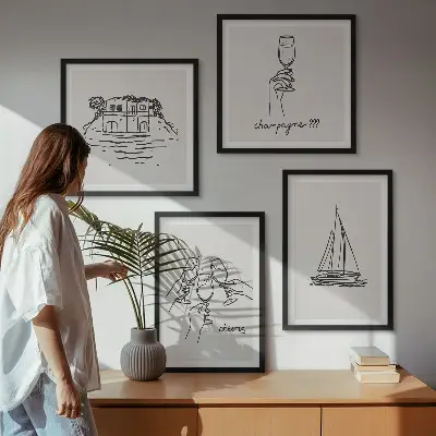 Polyptyque de 2 cadres maison sur l'eau avec voilier