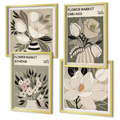 Ensemble de 4 tableaux Motifs floraux rétro de différentes villes