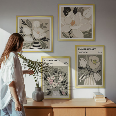 Ensemble de 4 tableaux Motifs floraux rétro de différentes villes