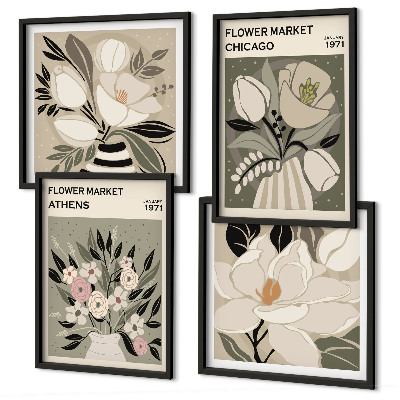 Ensemble de 4 tableaux Motifs floraux rétro de différentes villes