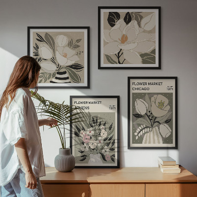 Ensemble de 4 tableaux Motifs floraux rétro de différentes villes