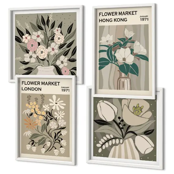 Mur de tableaux illustrations florales Londres et Hong Kong