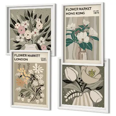 Mur de tableaux illustrations florales Londres et Hong Kong
