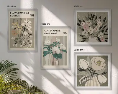 Mur de tableaux illustrations florales Londres et Hong Kong