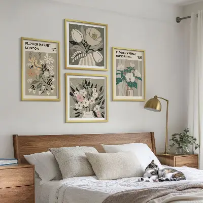 Mur de tableaux illustrations florales Londres et Hong Kong