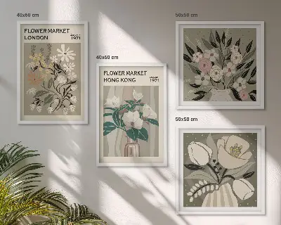 Mur de tableaux illustrations florales Londres et Hong Kong
