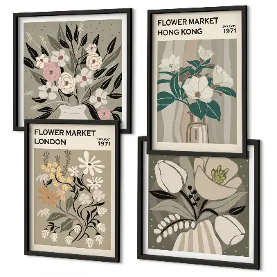 Mur de tableaux illustrations florales Londres et Hong Kong