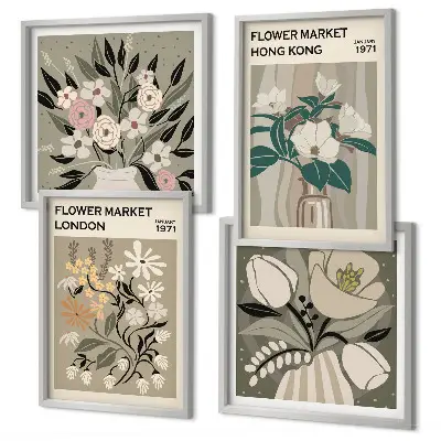 Mur de tableaux illustrations florales Londres et Hong Kong