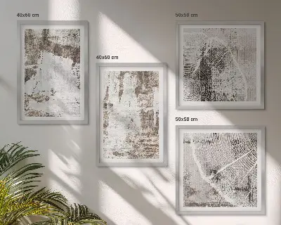 Mur de tableaux motifs abstraits blanc et brun