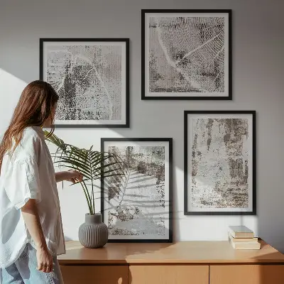 Mur de tableaux motifs abstraits blanc et brun