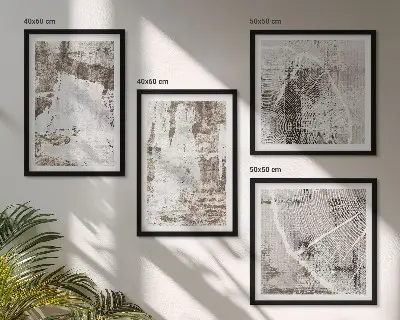 Mur de tableaux motifs abstraits blanc et brun