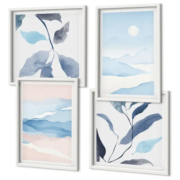 Mur de tableaux paysages de montagne à l'aquarelle avec des plantes