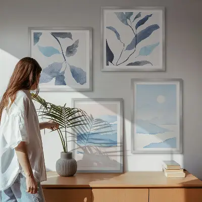 Mur de tableaux paysages de montagne à l'aquarelle avec des plantes