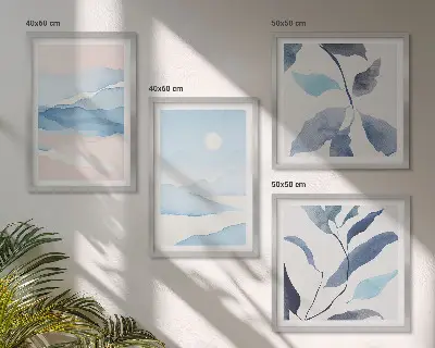 Mur de tableaux paysages de montagne à l'aquarelle avec des plantes