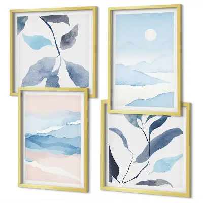 Mur de tableaux paysages de montagne à l'aquarelle avec des plantes