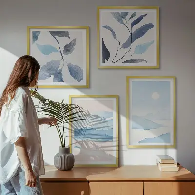 Mur de tableaux paysages de montagne à l'aquarelle avec des plantes