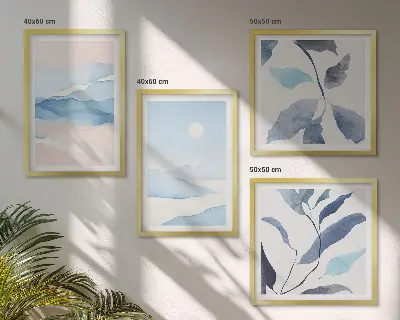 Mur de tableaux paysages de montagne à l'aquarelle avec des plantes