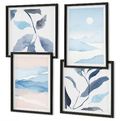 Mur de tableaux paysages de montagne à l'aquarelle avec des plantes