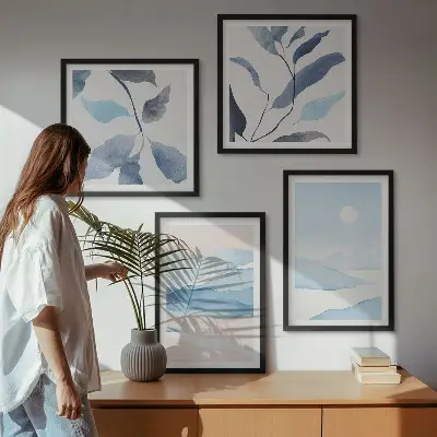 Mur de tableaux paysages de montagne à l'aquarelle avec des plantes