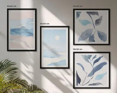Mur de tableaux paysages de montagne à l'aquarelle avec des plantes